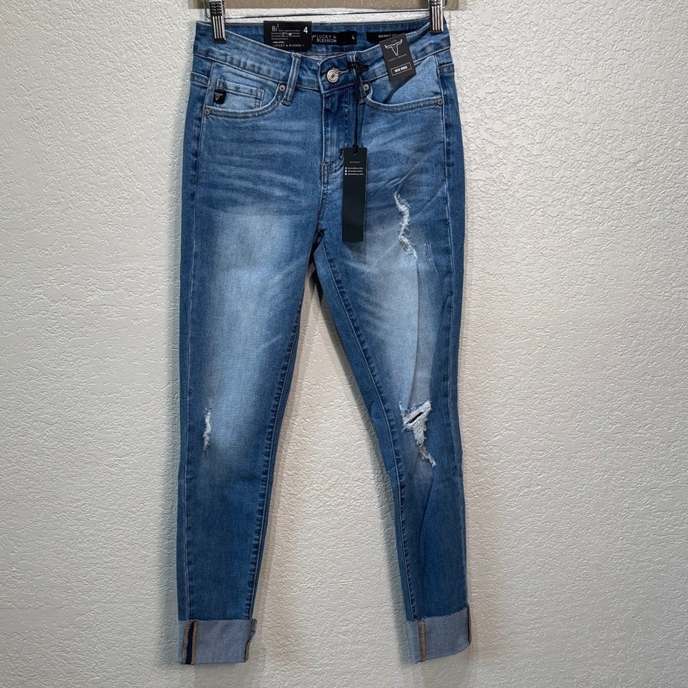 Lucky & Blessed Size 4 Mid Rise Skinny Fit Ankle Cuffed Stretch Denim Jean NWT